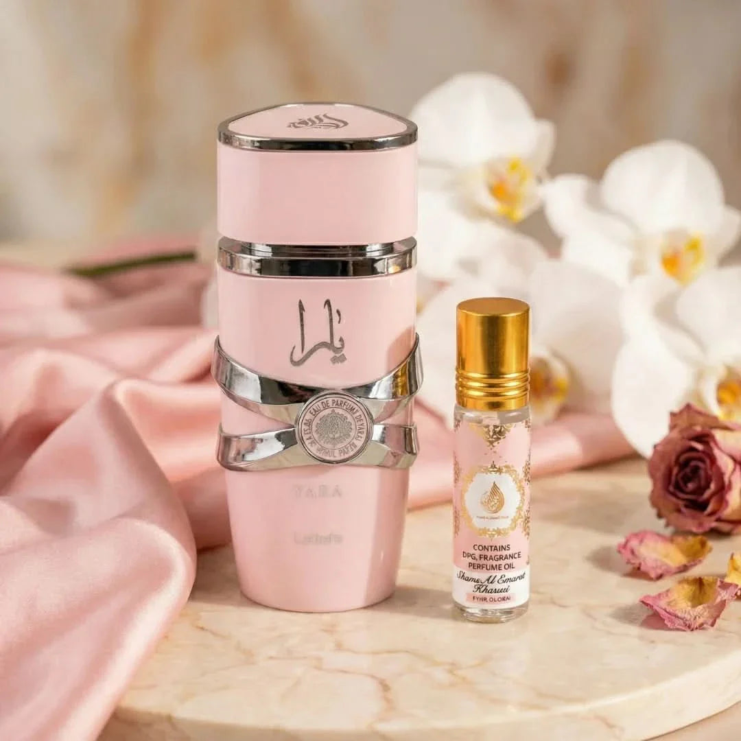 Lattafa Yara Eau De Parfum spray and Ard Al Zaafaran Pink Blush Shams Al Emarat roll-on perfume oil bundle, elegant bottles displayed.