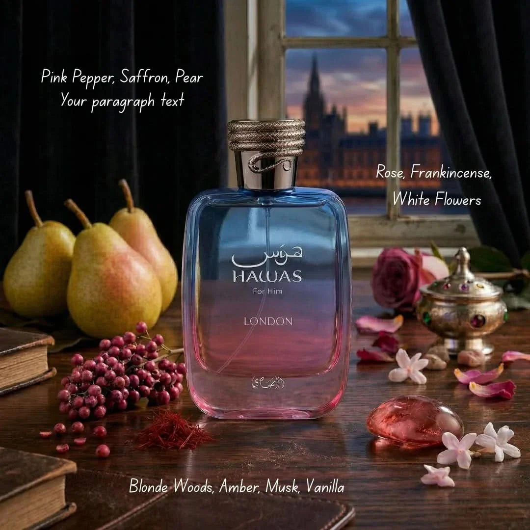 Rasasi Hawas London Eau De Parfum spray 100ml bottle, elegant packaging with an intricate design, showcasing the fragrance.