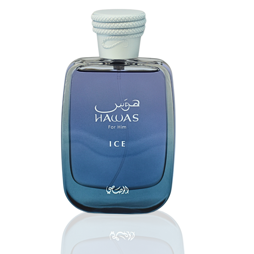 Rasasii Hawas Ice for Men Eau de Parfum spray 100ml, featuring sleek bottle design and icy blue accents.