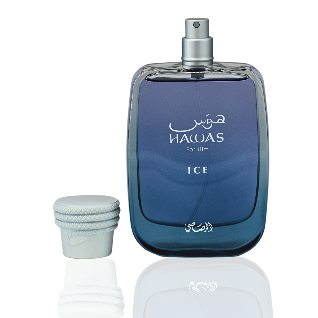 Rasasii Hawas Ice for Men Eau de Parfum spray in 100ml bottle, featuring sleek packaging and a masculine fragrance design.