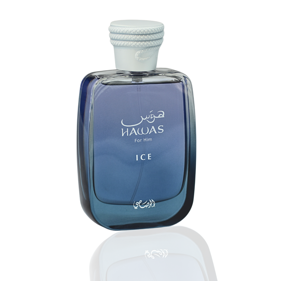 Rasasai Hawas Ice for Men Eau de Parfum spray 100ml bottle with sleek design and branding, displayed on a plain background.
