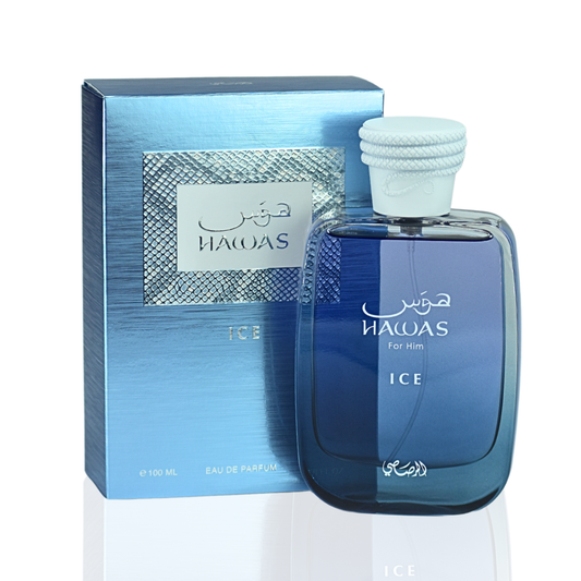 Rasasii Hawas Ice for Men Eau de Parfum spray 100ml bottle, sleek design with icy blue accents, masculine fragrance.