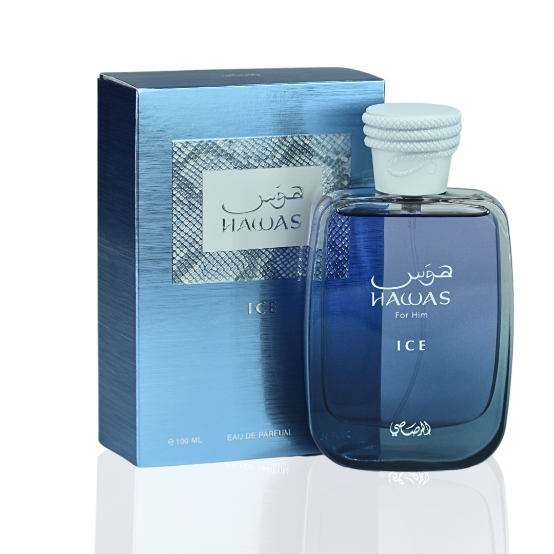 Rasasii Hawas Ice for Men Eau de Parfum spray, 100ml, showing the sleek bottle with blue accents and modern design.