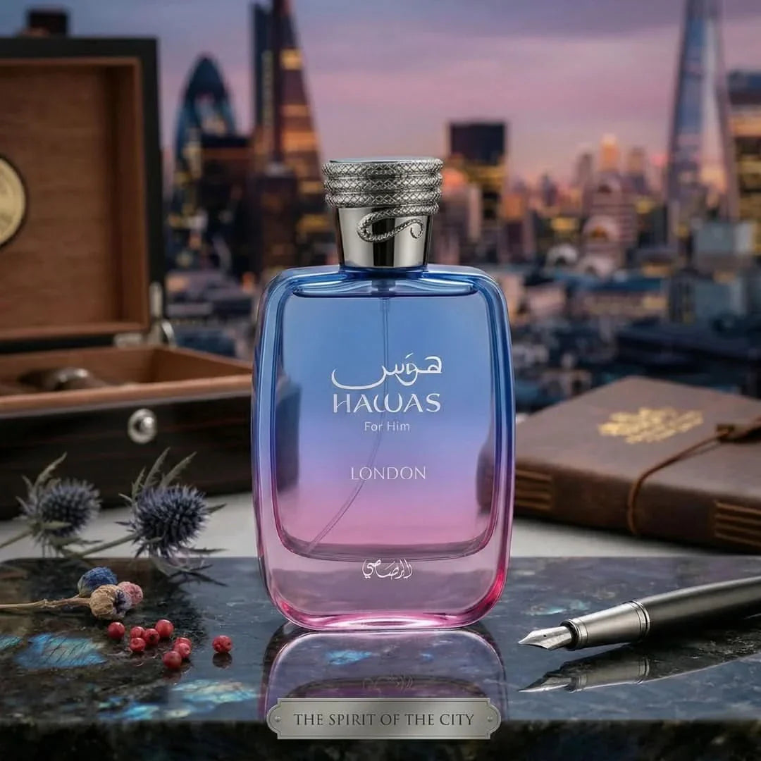 Rasasi Hawas London Eau De Parfum spray 100ml bottle with elegant packaging and fragrance details visible.