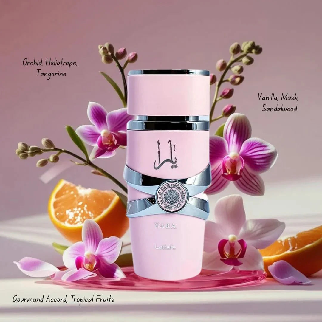Bundle of Yara Eau De Parfum spray by Lattafa and Pink Blush Shams Al Emarat roll-on perfume oil by Ard Al Zaafaran.