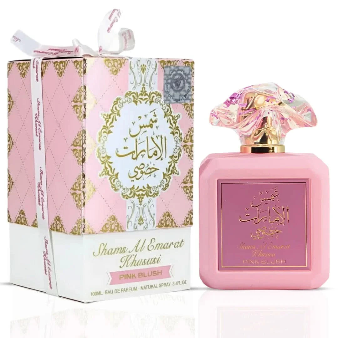 Bundle of Ard Al Zaafaran Shams Al Emarat Khususi Pink Blush, Glaze & Glow, and Iced Petal Eau de Parfum sprays in 100ml bottles