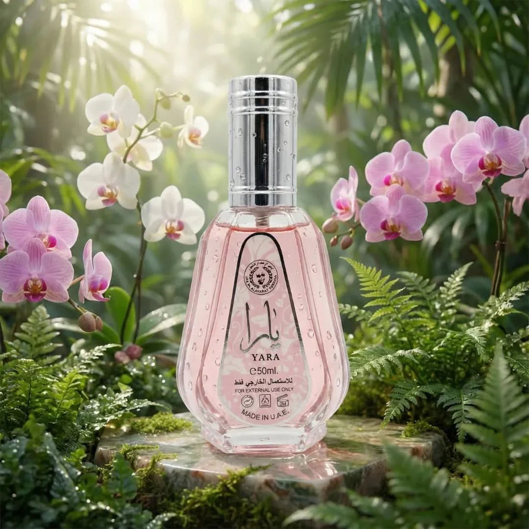 Yara Eau de Parfum Spray 50ml by Ard Al Zaafaran, elegant glass bottle with floral and spicy fragrance notes.