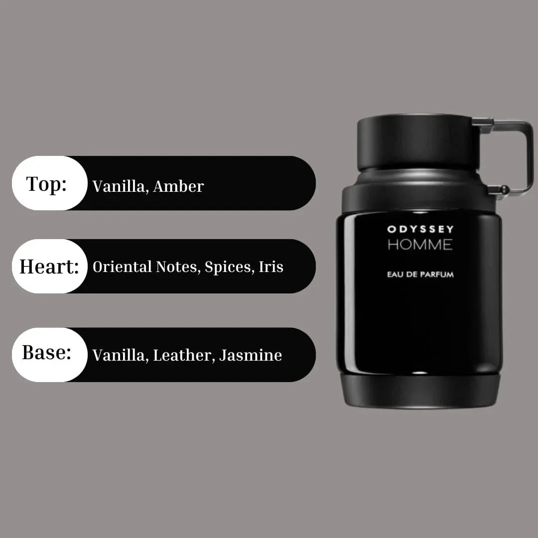 Odyssey Homme Black Eau de Parfum spray by Armaf, 100ml bottle with sleek black design, showcasing the fragrance's luxurious packaging.