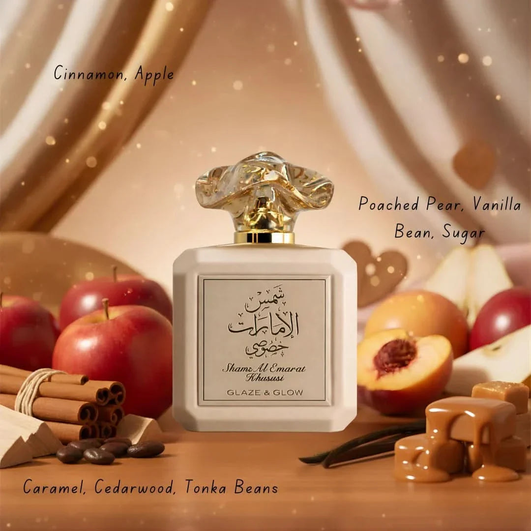 Bundle of Ard Al Zaafaran Shams Al Emarat Khususi Pink Blush and Glaze & Glow Eau de Parfum sprays, 100ml bottles in a colorful display.