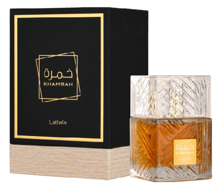 Khamrah Eau de Parfum spray by Lattafa, 100ml bottle, elegant packaging with a sleek design and fragrance details visible.