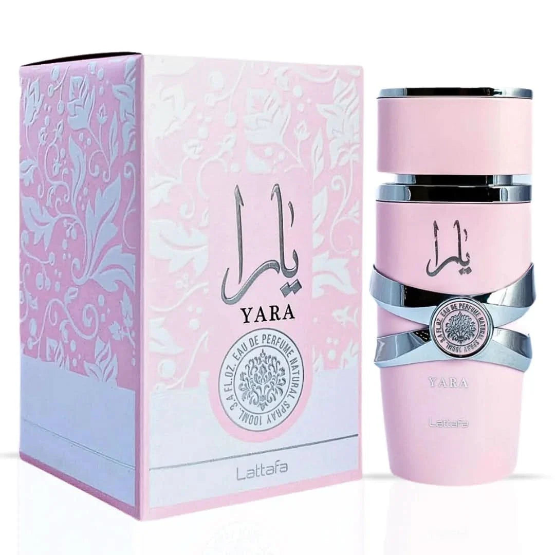 Bundle of Lattafa Yara Eau De Parfum spray and Ard Al Zaafaran Pink Blush Khususi roll-on perfume oil, elegant packaging.