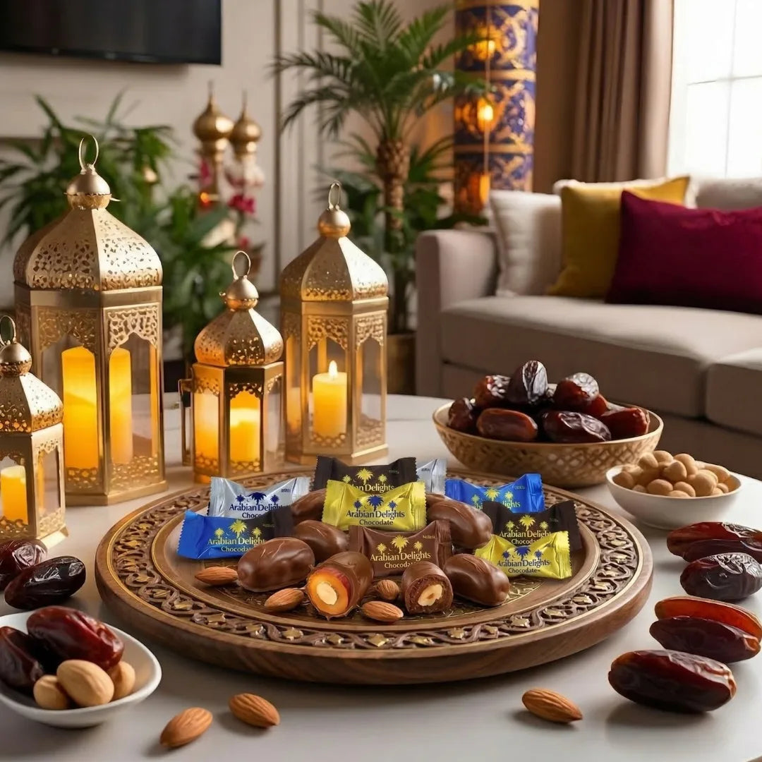 Arabian Delights Chocodate Assorted Pouch 460 GMS by Intense Delish | A Variety of Milk, Dark, White & Coconut Flaked Chocolates with Almond-Stuffed Dates Coated in Chocolate