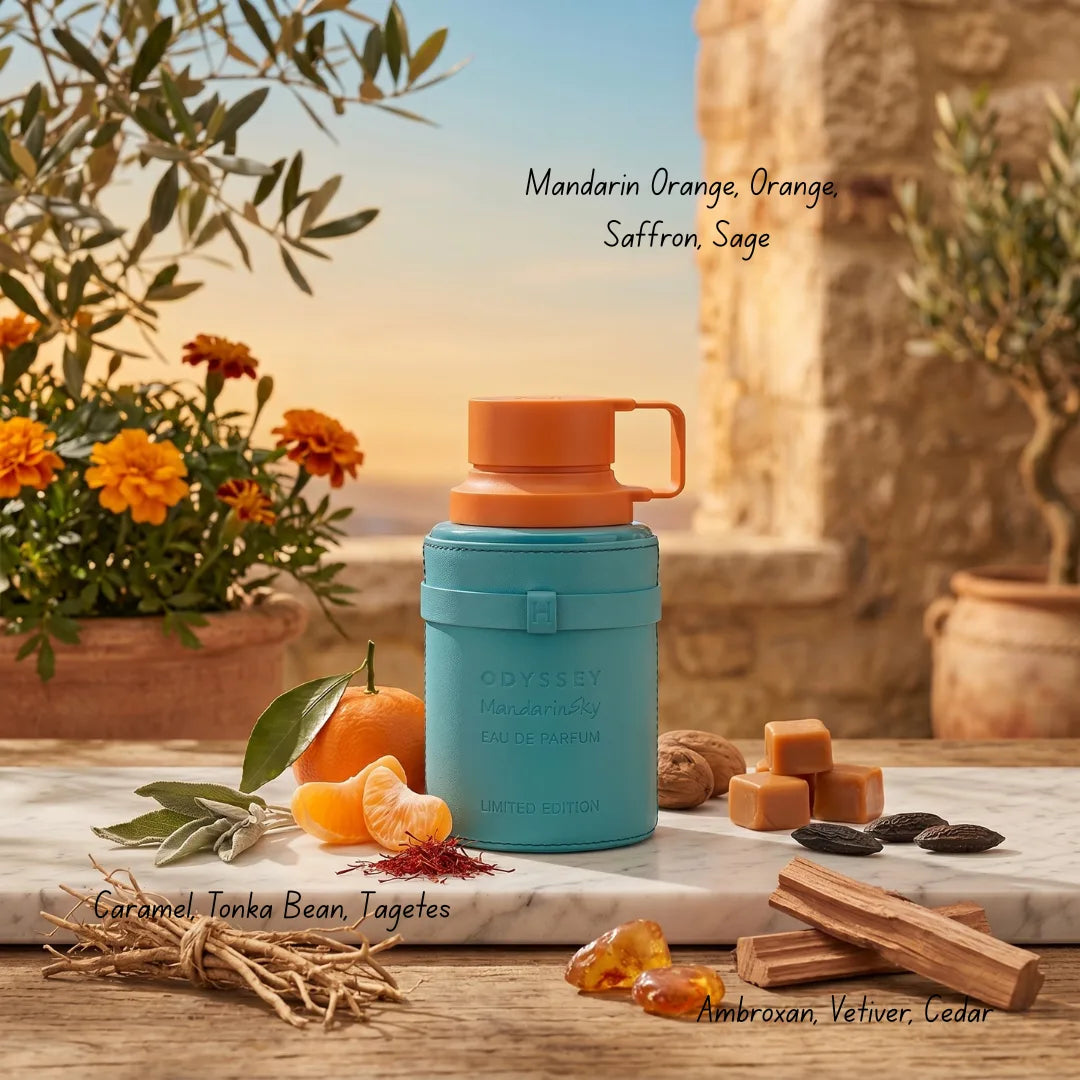 Odyssey Mandarin Sky Limited Edition Eau de Parfum spray by Armaf, 200ml, featuring a sleek bottle with a vibrant orange cap.
