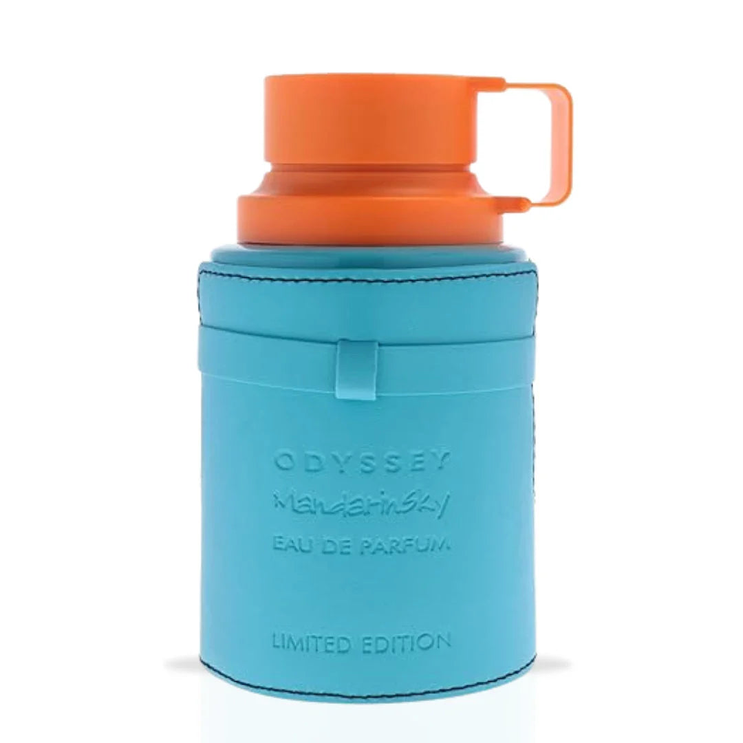 Odyssey Mandarin Sky Limited Edition Eau de Parfum spray by Armaf, 200ml bottle with a sleek design and vibrant citrus-themed packaging.