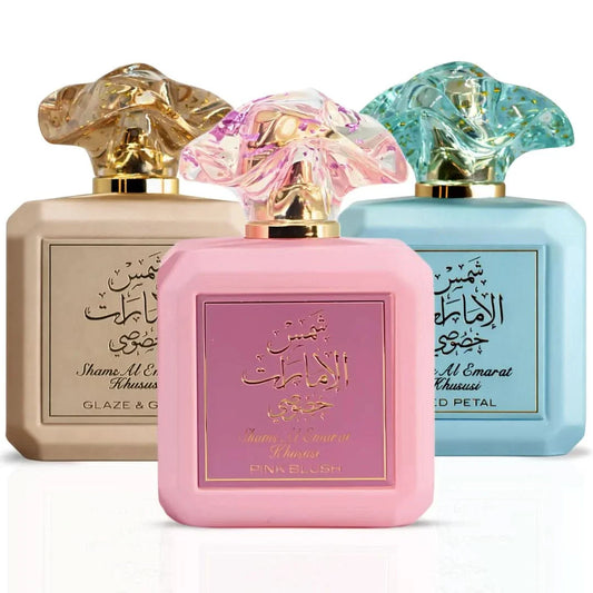 Bundle of Ard Al Zaafaran Shams Al Emarat Khususi Pink Blush, Glaze & Glow, Iced Petal Eau de Parfum sprays 100ml bottles