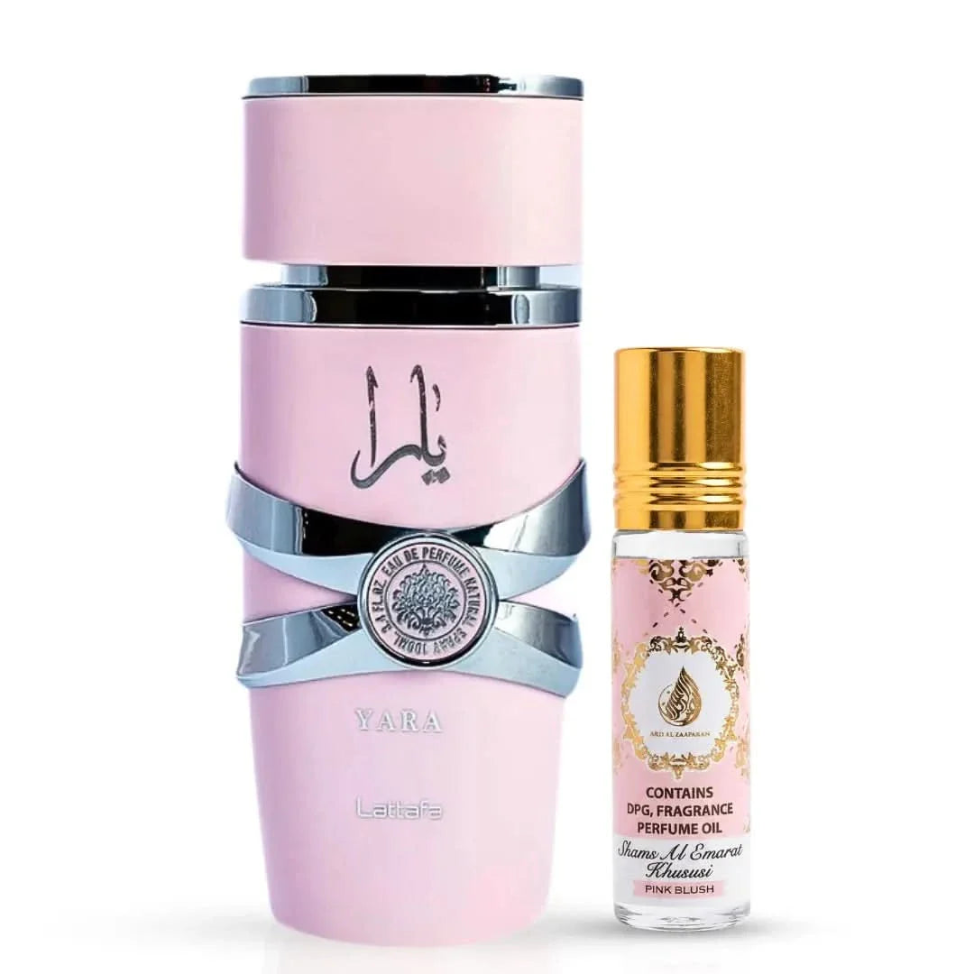 Lattafa perfume bundle with Yara Eau De Parfum spray and Pink Blush Shams Al Emarat roll-on oil, featuring elegant bottles and packaging.