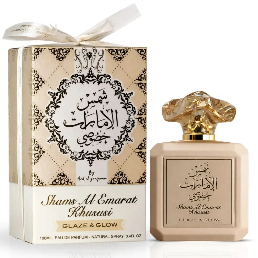 Bundle of Ard Al Zaafaran Shams Al Emarat Khususi Pink Blush and Glaze & Glow Eau de Parfum sprays, 100ml each.