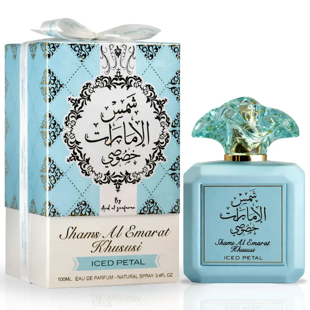 Bundle of Ard Al Zaafaran Shams Al Emarat Khususi Pink Blush, Glaze & Glow, and Iced Petal Eau de Parfum sprays, 100ml each.