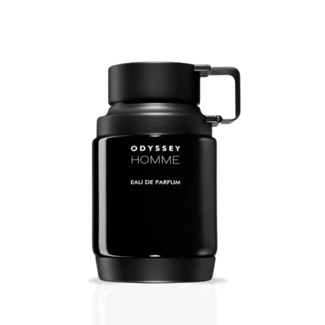 Odyssey Homme Black Eau de Parfum spray by Armaf, 100ml, featuring a sleek black bottle with elegant design.