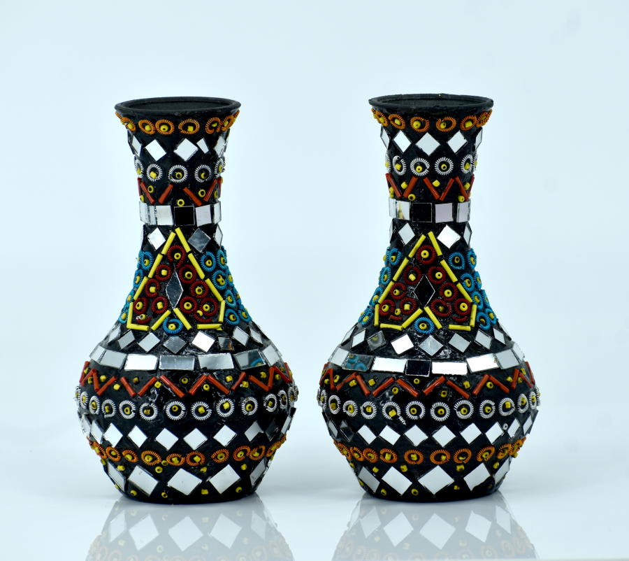 Vase Set of 2 Shisha Moti Craft Table top Decorative Accent [6.5 Inches]