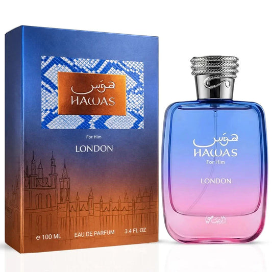 Rasasi Hawas London Eau De Parfum spray bottle, 100ml, with sleek design and elegant branding, displayed on a neutral background.