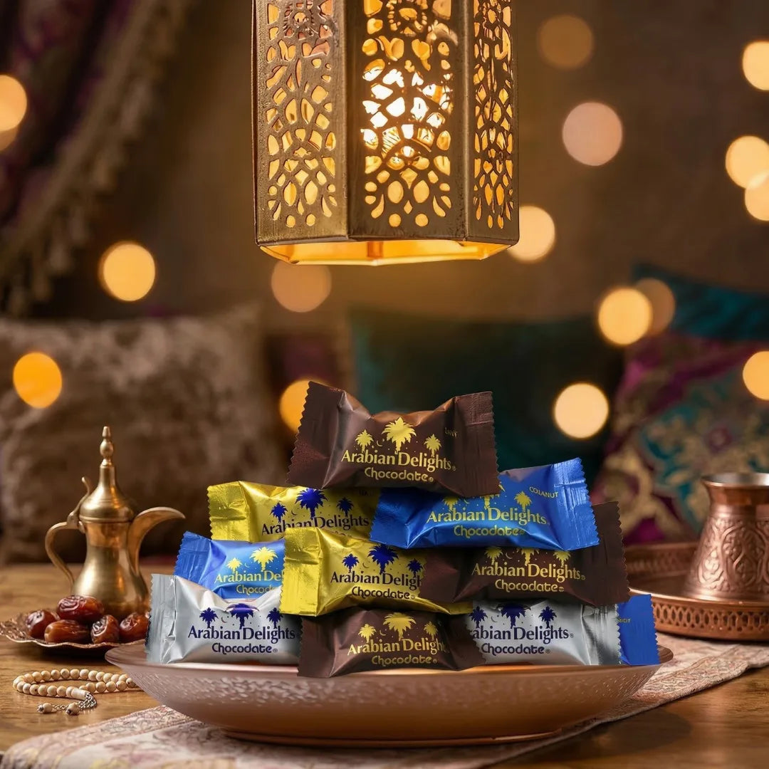Arabian Delights Chocodate Assorted Pouch 460 GMS by Intense Delish | A Variety of Milk, Dark, White & Coconut Flaked Chocolates with Almond-Stuffed Dates Coated in Chocolate