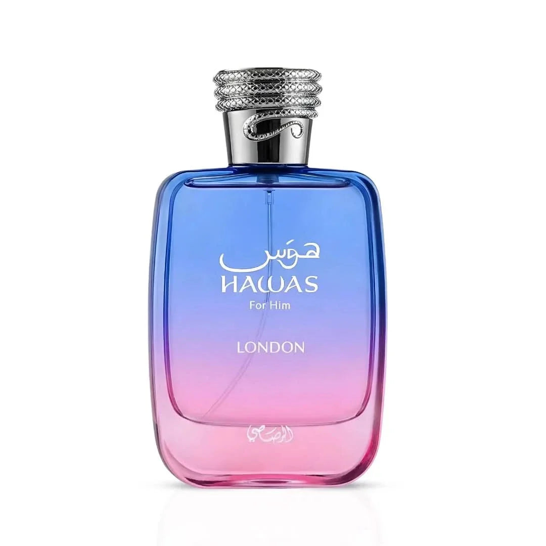 Rasasi Hawas London Eau De Parfum spray 100ml bottle with sleek design and transparent glass showcasing the fragrance inside.