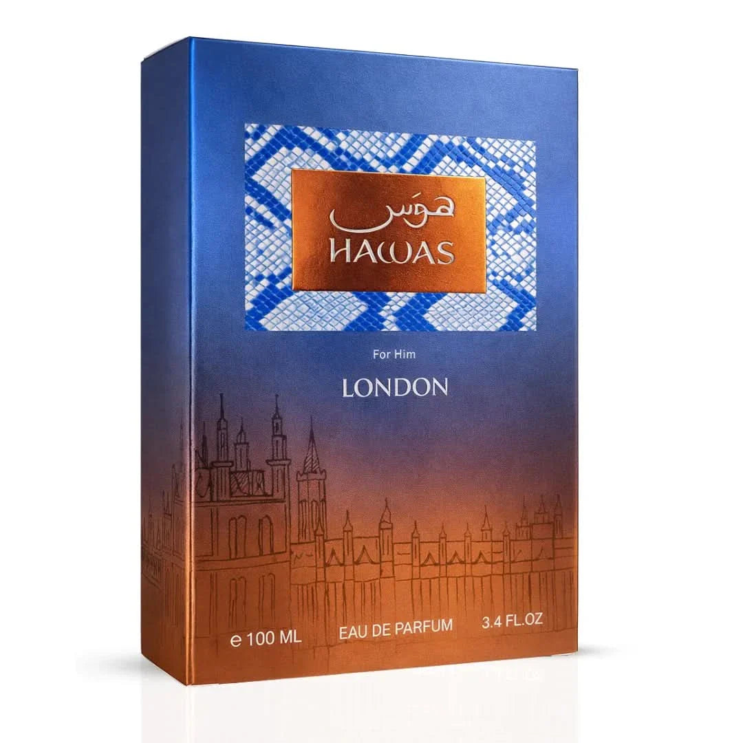 Rasasi Hawas London Eau De Parfum spray bottle, 100ml, with elegant packaging and branding visible.