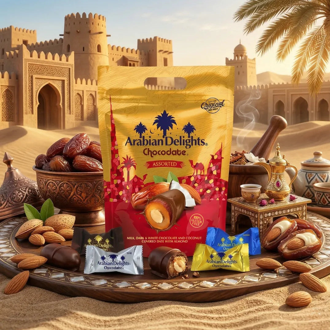 Arabian Delights Chocodate Assorted Pouch 460 GMS by Intense Delish | A Variety of Milk, Dark, White & Coconut Flaked Chocolates with Almond-Stuffed Dates Coated in Chocolate
